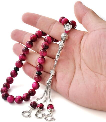 TAS B Tasbih Prayer Beads 33 Pink Tiger Eye Stone (33 Beads - 10 mm) - Masbaha Muslim Rosary - Zikr, Dhikr Subha - Chapelet - Tasbeeh - Islamic Gifts for Women - Handmade Sibha - Eid Gifts in Saudi Arabia
