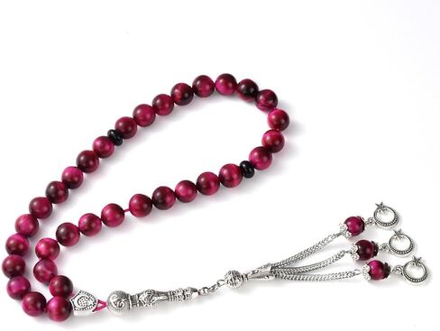TAS B Tasbih Prayer Beads 33 Pink Tiger Eye Stone (33 Beads - 10 mm) - Masbaha Muslim Rosary - Zikr, Dhikr Subha - Chapelet - Tasbeeh - Islamic Gifts for Women - Handmade Sibha - Eid Gifts in Saudi Arabia