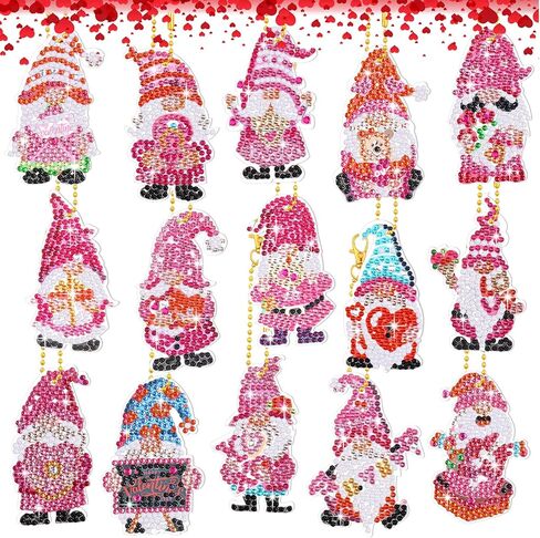 Glenmal 15 Pcs Valentine's Day Diamond Painting Keychains Gnome 5D DIY Art Kit Key Ring Pendant for Adults Valentines Holiday Farmhouse Crafts Making in Saudi Arabia