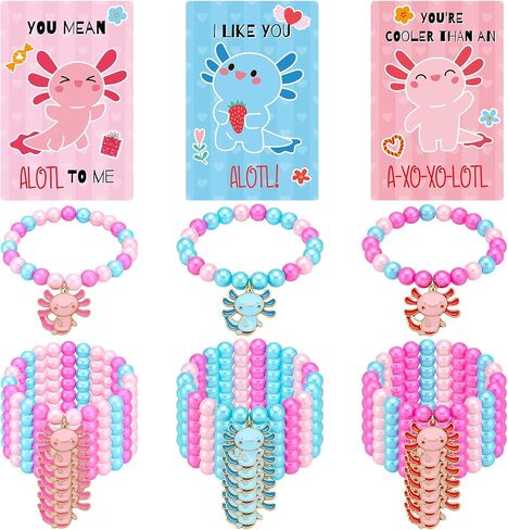 24 Sets Valentine Axolotl Bracelets Gifts for Kids Classroom Party Favors Axolotl Valentine Beaded Bracelets with Cute Cards and Bags School Gifts for Boys Girls in Saudi Arabia