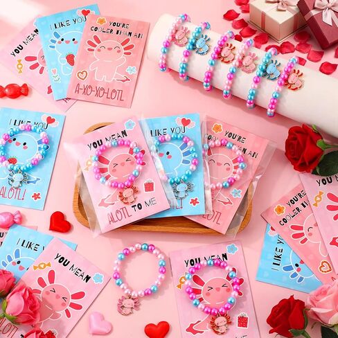 24 Sets Valentine Axolotl Bracelets Gifts for Kids Classroom Party Favors Axolotl Valentine Beaded Bracelets with Cute Cards and Bags School Gifts for Boys Girls in Saudi Arabia