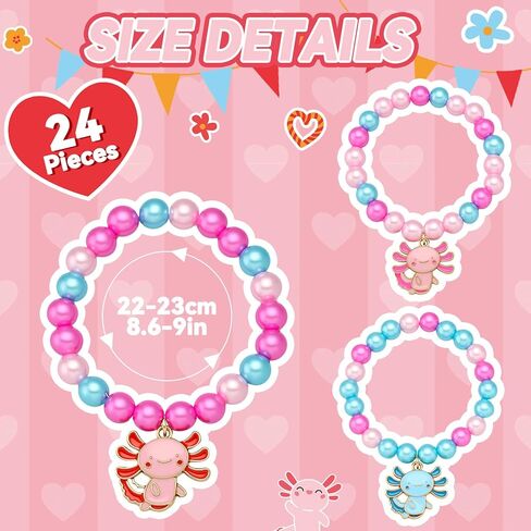 24 Sets Valentine Axolotl Bracelets Gifts for Kids Classroom Party Favors Axolotl Valentine Beaded Bracelets with Cute Cards and Bags School Gifts for Boys Girls in Saudi Arabia