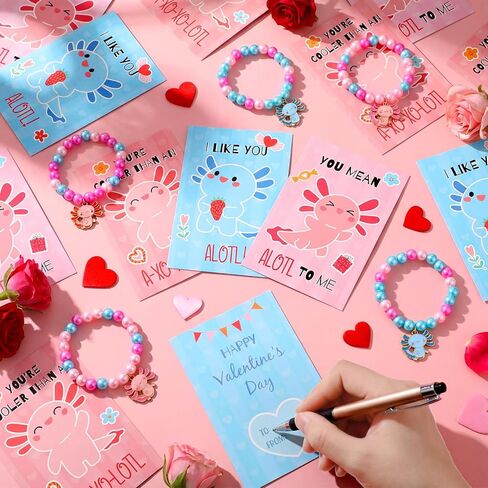 24 Sets Valentine Axolotl Bracelets Gifts for Kids Classroom Party Favors Axolotl Valentine Beaded Bracelets with Cute Cards and Bags School Gifts for Boys Girls in Saudi Arabia