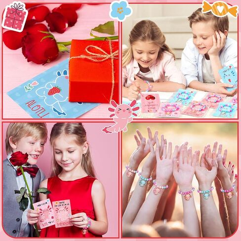 24 Sets Valentine Axolotl Bracelets Gifts for Kids Classroom Party Favors Axolotl Valentine Beaded Bracelets with Cute Cards and Bags School Gifts for Boys Girls in Saudi Arabia