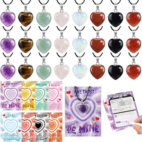 Kigeli Valentines Day Gifts for Kids, 24 Pack Heart Gemstone Necklace Kit, Natural Crystal Pendants DIY Jewelry Set for School Classroom Exchange, Goodie Bags, Valentine Party Favors(Dynamic) in Saudi Arabia