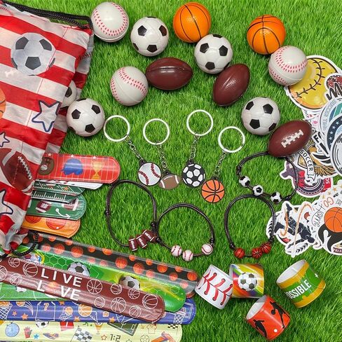 169 Pcs Sportball Party Favors Bulk 48 Pcs Sportball Stress Balls and Sport Stickers 24 Pcs Sport Keychain and Wristbands and Snap Bracelets Drawstring bags for Team Birthday Party Supplies in Saudi Arabia