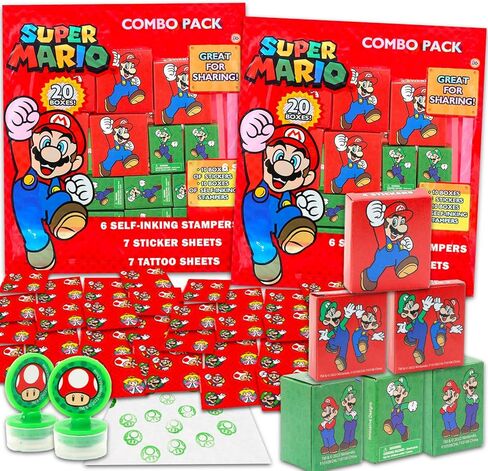 Super Mario Holiday Party Favor Boxes Set - Bundle of 40 Super Mario Bros Stickers, Tattoos, Stampers for Valentines Gift Exchange, Easter Egg Hunt, More in Saudi Arabia