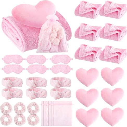36 Pcs Sleepover Party Supplies for Girl Spa Slumber Birthday Favors Throw Blanket Pillow Eye Mask Headband Scrunchies (Solid Color,Pink) in Saudi Arabia
