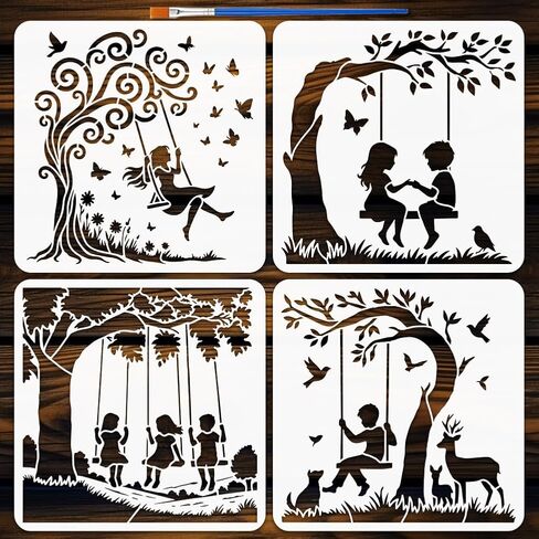FINGERINSPIRE 4Pcs Swing Tree Painting Stencil with Paintbrush 11.8x11.8inch Tree Flower Grass Human Animal Painting Stencil Human Swinging Under the Tree Decoration Stencils for Painting on Wood Wall in Saudi Arabia