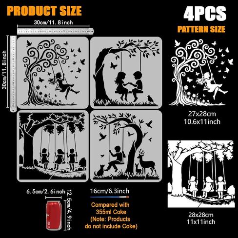 FINGERINSPIRE 4Pcs Swing Tree Painting Stencil with Paintbrush 11.8x11.8inch Tree Flower Grass Human Animal Painting Stencil Human Swinging Under the Tree Decoration Stencils for Painting on Wood Wall in Saudi Arabia