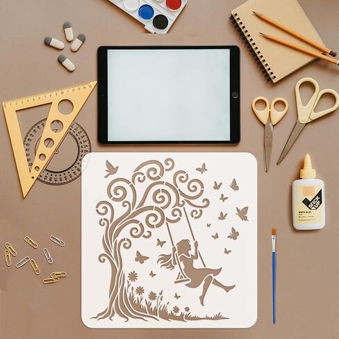 FINGERINSPIRE 4Pcs Swing Tree Painting Stencil with Paintbrush 11.8x11.8inch Tree Flower Grass Human Animal Painting Stencil Human Swinging Under the Tree Decoration Stencils for Painting on Wood Wall in Saudi Arabia
