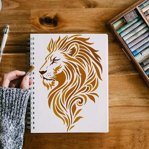 استنسل رسم بنمط الأسد من FINGERINSPIRE مع فرشاة مقاس 8.3x11.7 بوصة من البلاستيك PET رأس الأسد نمط رسم قالب رسم استنسل مزخرف على شكل حيوان مجوف للبالغين يرسم على قماش من القماش الخشبي in Saudi Arabia