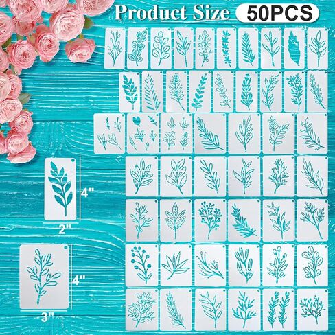 50 قطعة من استنسل الزهور للرسم، استنسلات الزهور القابلة لإعادة الاستخدام لقوالب الحرف اليدوية الرسم والرسم على الخشب والجدار والأثاث (4 بوصة × 2 بوصة + 4 بوصة × 3 بوصة) in Kuwait