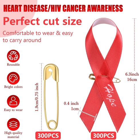 Hanaive 150 Pcs Red Awareness Ribbons with Pins Pins Ribbons Week Heart Disease Awareness Aids/HIV Awareness Ribbon Fabric Lapel Pin Satin Ribbon for Charity Public Social Event Welfare in Saudi Arabia