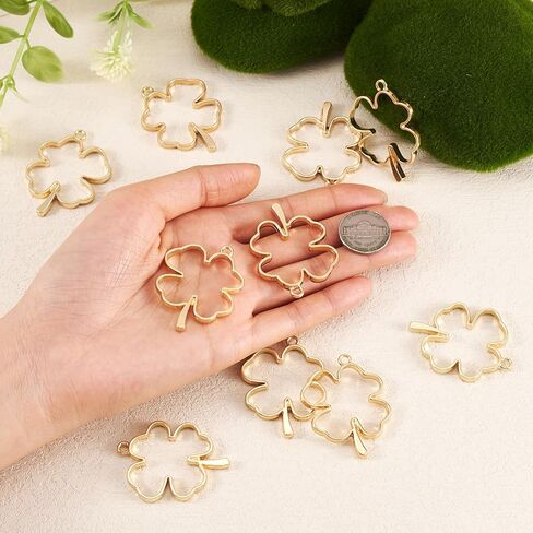 Pandahall 10pcs Irish Clover Open Back Bezel Charms Alloy Golden Pressed Flower Blank Frame Hollow Mould Pendants for DIY UV Resin Dangle Crafts Hole: 3mm in Saudi Arabia