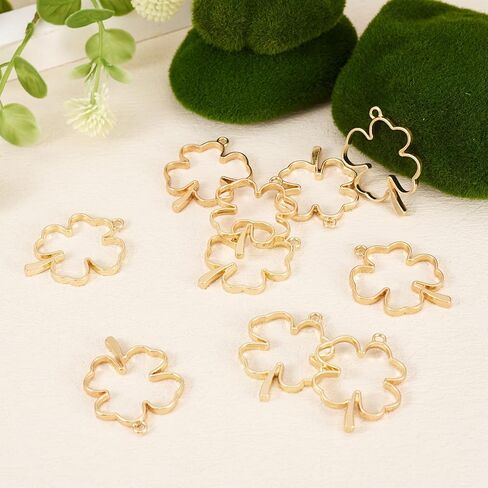 Pandahall 10pcs Irish Clover Open Back Bezel Charms Alloy Golden Pressed Flower Blank Frame Hollow Mould Pendants for DIY UV Resin Dangle Crafts Hole: 3mm in Saudi Arabia