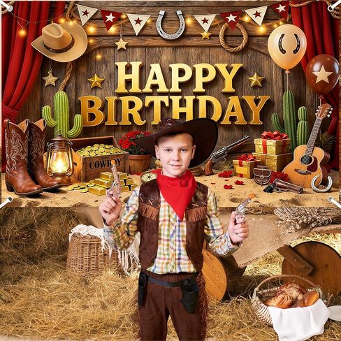 Avezano Western Happy Birthday Banner Western Birthday Party Decorations Wild West Cowboy Bday Backdrop Wild West Theme Background for Kids B-day Party Supplies (6x3.6ft) in Saudi Arabia