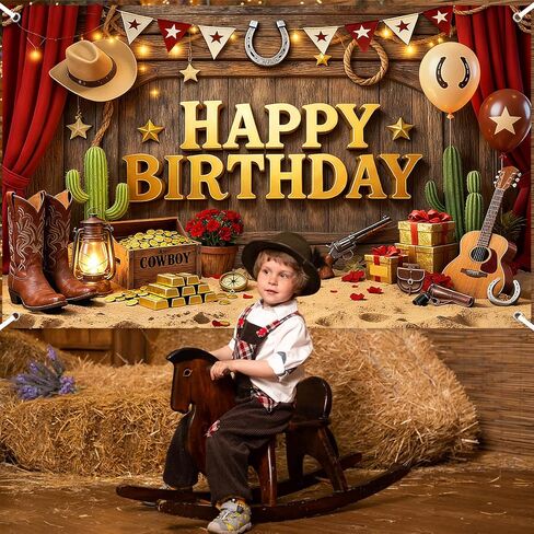 Avezano Western Happy Birthday Banner Western Birthday Party Decorations Wild West Cowboy Bday Backdrop Wild West Theme Background for Kids B-day Party Supplies (6x3.6ft) in Saudi Arabia