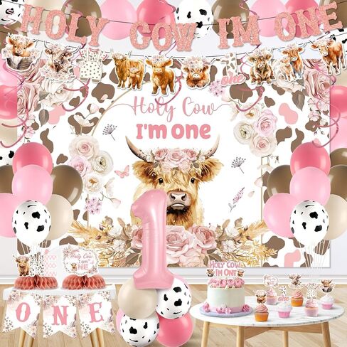 Highland Cow 1st Birthday Decorations for Girl Floral Boho Holy Cow Im One Birthday Backdrop Pink First Bday Chair Banner Honeycomb Cupcake Topper for Bohemian Animal One Year Old Party Supplies in Saudi Arabia