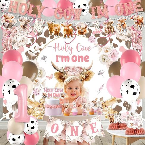 Highland Cow 1st Birthday Decorations for Girl Floral Boho Holy Cow Im One Birthday Backdrop Pink First Bday Chair Banner Honeycomb Cupcake Topper for Bohemian Animal One Year Old Party Supplies in Saudi Arabia