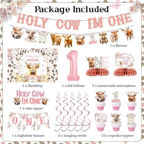 Highland Cow 1st Birthday Decorations for Girl Floral Boho Holy Cow Im One Birthday Backdrop Pink First Bday Chair Banner Honeycomb Cupcake Topper for Bohemian Animal One Year Old Party Supplies in Saudi Arabia