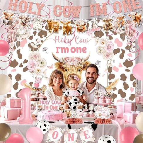 Highland Cow 1st Birthday Decorations for Girl Floral Boho Holy Cow Im One Birthday Backdrop Pink First Bday Chair Banner Honeycomb Cupcake Topper for Bohemian Animal One Year Old Party Supplies in Saudi Arabia