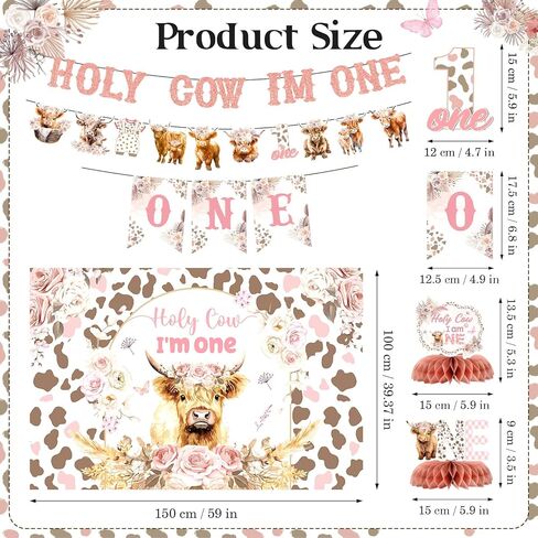 Highland Cow 1st Birthday Decorations for Girl Floral Boho Holy Cow Im One Birthday Backdrop Pink First Bday Chair Banner Honeycomb Cupcake Topper for Bohemian Animal One Year Old Party Supplies in Saudi Arabia