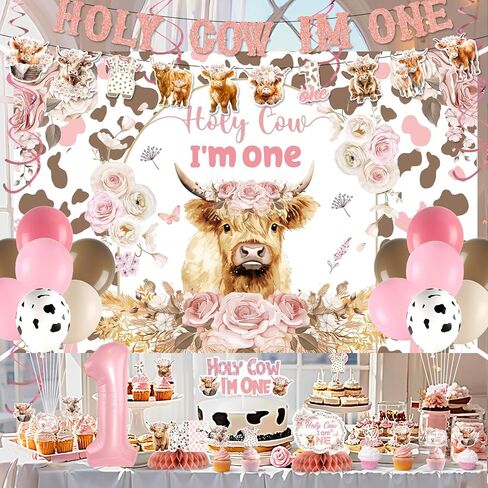 Highland Cow 1st Birthday Decorations for Girl Floral Boho Holy Cow Im One Birthday Backdrop Pink First Bday Chair Banner Honeycomb Cupcake Topper for Bohemian Animal One Year Old Party Supplies in Saudi Arabia