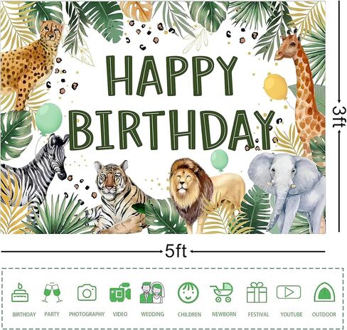 لافتة خلفية "عيد ميلاد سعيد" لحيوان الغابة - مقاس 5 × 3 أقدام باللون الأخضر من Safari Wild Theme لتزيين كشك الصور لحديقة حيوان الأولاد من عيد الميلاد الأول إلى الثالث، لوازم الحفلات الداخلية والخارجية in Kuwait