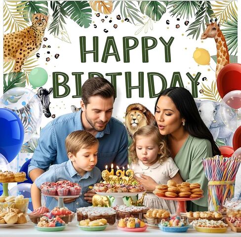 لافتة خلفية "عيد ميلاد سعيد" لحيوان الغابة - مقاس 5 × 3 أقدام باللون الأخضر من Safari Wild Theme لتزيين كشك الصور لحديقة حيوان الأولاد من عيد الميلاد الأول إلى الثالث، لوازم الحفلات الداخلية والخارجية in Kuwait