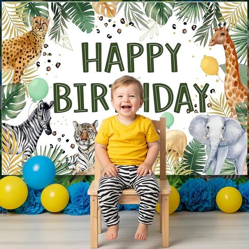 لافتة خلفية "عيد ميلاد سعيد" لحيوان الغابة - مقاس 5 × 3 أقدام باللون الأخضر من Safari Wild Theme لتزيين كشك الصور لحديقة حيوان الأولاد من عيد الميلاد الأول إلى الثالث، لوازم الحفلات الداخلية والخارجية in Kuwait