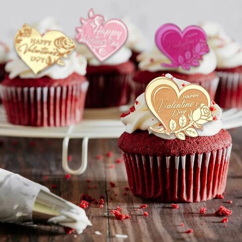 20 Pcs Happy Valentine's Day Cupcake Topper Rose Carving Acrylic Heart Shape Cupcake Decorations Dessert Cake Topper Valentine's Day Party Supplies Gifts in Saudi Arabia