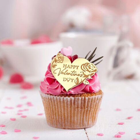 20 Pcs Happy Valentine's Day Cupcake Topper Rose Carving Acrylic Heart Shape Cupcake Decorations Dessert Cake Topper Valentine's Day Party Supplies Gifts in Saudi Arabia