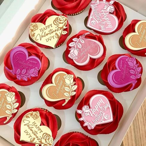 20 Pcs Happy Valentine's Day Cupcake Topper Rose Carving Acrylic Heart Shape Cupcake Decorations Dessert Cake Topper Valentine's Day Party Supplies Gifts in Saudi Arabia