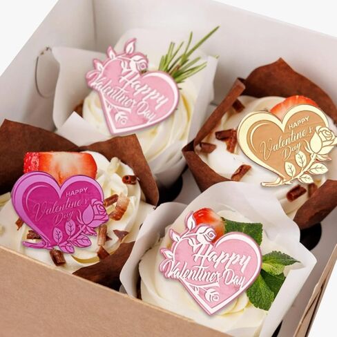 20 Pcs Happy Valentine's Day Cupcake Topper Rose Carving Acrylic Heart Shape Cupcake Decorations Dessert Cake Topper Valentine's Day Party Supplies Gifts in Saudi Arabia