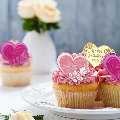 20 Pcs Happy Valentine's Day Cupcake Topper Rose Carving Acrylic Heart Shape Cupcake Decorations Dessert Cake Topper Valentine's Day Party Supplies Gifts in Saudi Arabia