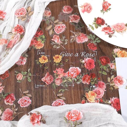 100 Pcs Floral Clear Botanical Flower Sticker, Floral Aesthetic Stickers, Transparent Sticker Clear, Vintage Rose Stickers for Scrapbooking, Laptop, Phone Case, Cards, DIY Crafts, Waterproof in Saudi Arabia