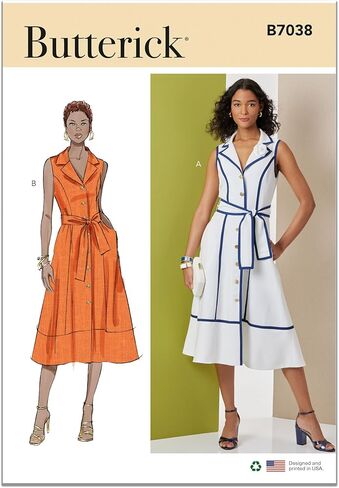 Butterick B7038H5 Misses' Lined Midi Dress and Tie Belt Sewing Pattern Packet, Design Code B7038, Sizes 6-8-10-12-14 in Saudi Arabia