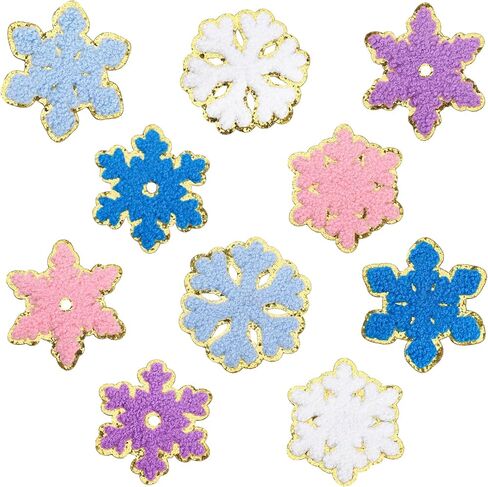 10 PCS Christmas Snowflake Chenille Patches, Winter Theme Iron on Patches, Snowflake Patterns Embroidered Patches for Hats, Jeans, Clothes, Bags, DIY Craft (White, Blue, Soft Blue,Purple, Pink) in Kuwait