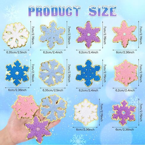 10 PCS Christmas Snowflake Chenille Patches, Winter Theme Iron on Patches, Snowflake Patterns Embroidered Patches for Hats, Jeans, Clothes, Bags, DIY Craft (White, Blue, Soft Blue,Purple, Pink) in Kuwait