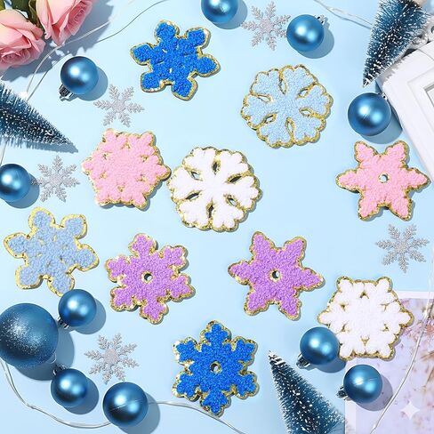 10 PCS Christmas Snowflake Chenille Patches, Winter Theme Iron on Patches, Snowflake Patterns Embroidered Patches for Hats, Jeans, Clothes, Bags, DIY Craft (White, Blue, Soft Blue,Purple, Pink) in Kuwait