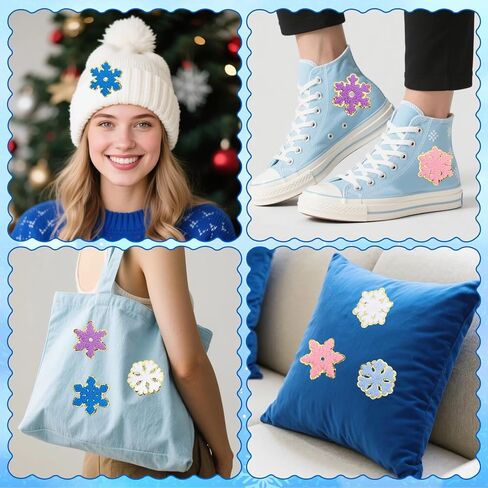 10 PCS Christmas Snowflake Chenille Patches, Winter Theme Iron on Patches, Snowflake Patterns Embroidered Patches for Hats, Jeans, Clothes, Bags, DIY Craft (White, Blue, Soft Blue,Purple, Pink) in Kuwait