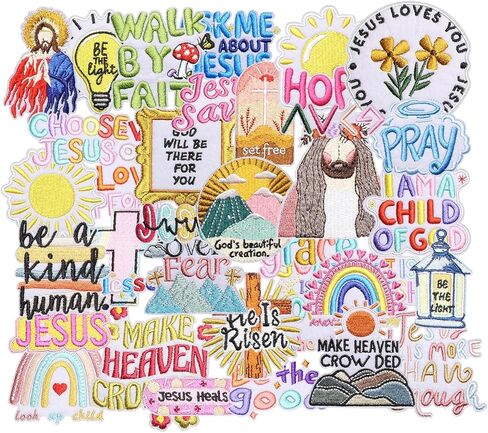 35PCS Love Jesus Iron on Patches, Cartoon Religious Positive Jesus Bible Embroidered Applique for Clothes, Custom Christian Quotes Patches for Hats, Jackets, Bags, Backpacks, Dress in Saudi Arabia