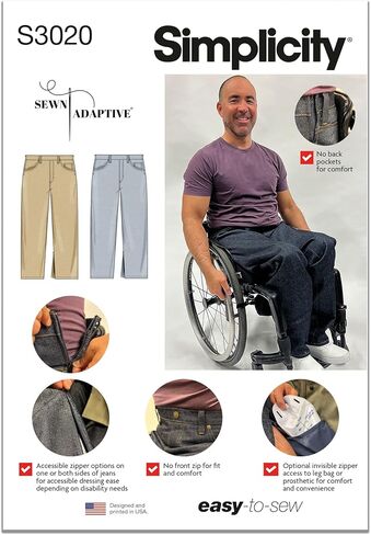 Simplicity SS3020BB Unisex Adaptive Jeans Sewing Pattern Packet by Sewn Adaptive, Design Code S3020, Sizes 44-46-48-50-52, Multicolor in Saudi Arabia