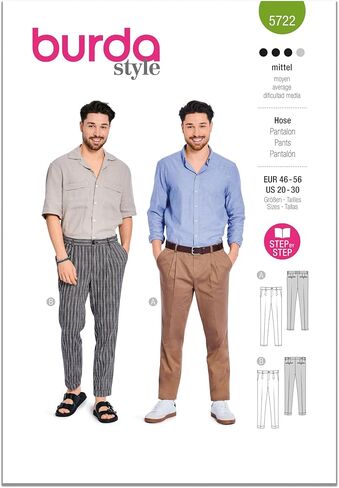 Burda X05722BURDA بنطلون مطوي للرجال وسروال البدلة، حزمة نمط الخياطة، رمز التصميم B5722، المقاسات 36-46 (46-56) in Kuwait