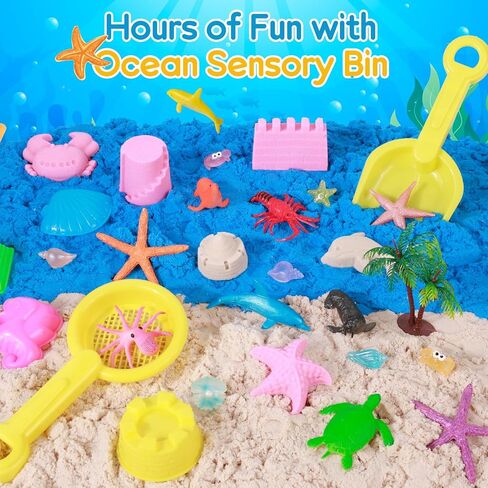 Mikiwon Ocean Sensory Bin, Sandbox Play Sand Art Kit with 1.65lbs Play Sand, Sea Animal Toys Molds, Sensory Play for Girls Boys Age 3 4 5 6 7 8, Beach Toys for Kids Xmas Birthday Gifts in Saudi Arabia