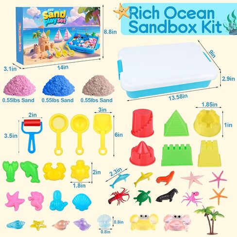 Mikiwon Ocean Sensory Bin, Sandbox Play Sand Art Kit with 1.65lbs Play Sand, Sea Animal Toys Molds, Sensory Play for Girls Boys Age 3 4 5 6 7 8, Beach Toys for Kids Xmas Birthday Gifts in Saudi Arabia