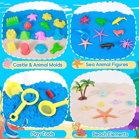 Mikiwon Ocean Sensory Bin, Sandbox Play Sand Art Kit with 1.65lbs Play Sand, Sea Animal Toys Molds, Sensory Play for Girls Boys Age 3 4 5 6 7 8, Beach Toys for Kids Xmas Birthday Gifts in Saudi Arabia