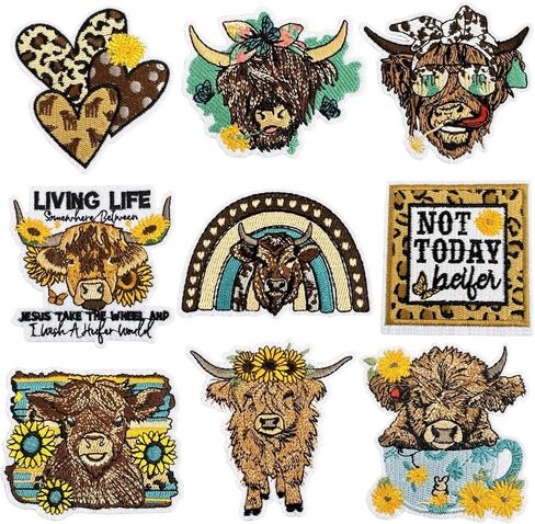 9PCS Highland Cow Heifer Iron on Patches, Cool Western Style Slogan Embroidered Repair Patches for Clothes,Custom Vintage Applique for Jeans,Jackets,Hats,Backpacks,Bags,Shoes,Clothes DIY Craft(Loves) in Saudi Arabia