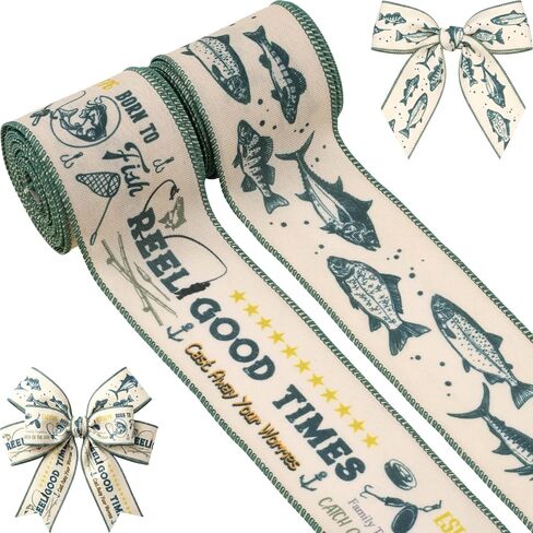 شريط خيش ذو طابع صيد السمك - مقاس 2.5 بوصة × 5 ياردات لكل منهما، تصميم "Reel Good Times" و"Born to Fish" مع حافة سلكية، مثالي لمناسبات الأسماك، والحرف اليدوية، وديكور الحفلات، وتغليف الهدايا (صيد الأسماك) in Kuwait